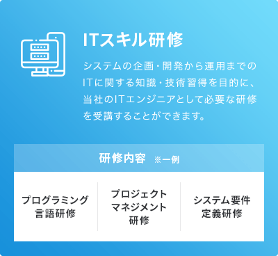 ITスキル研修。システムの企画・開発から運用までのITに関する知識・技術習得を目的に、当社のITエンジニアとして必要な研修を受講することができます。研修内容の一例。プログラミング言語研修、プロジェクトマネジメント研修、システム要件定義研修。