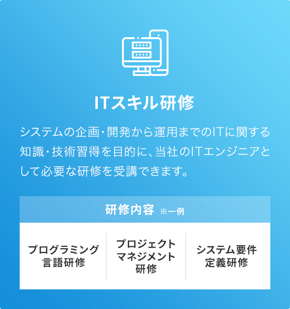 ITスキル研修。システムの企画・開発から運用までのITに関する知識・技術習得を目的に、当社のITエンジニアとして必要な研修を受講することができます。研修内容の一例。プログラミング言語研修、プロジェクトマネジメント研修、システム要件定義研修。