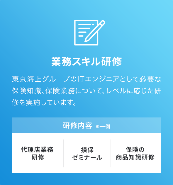 業務スキル研修。東京海上グループのITエンジニアとして必要な保険知識、保険業務について、レベルに応じた研修を実施しています。研修内容の一例。代理店業務研修、損保ゼミナール、保険の商品知識研修。